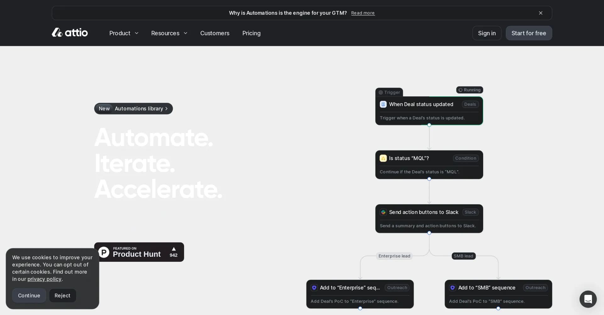 Attio Automations homepage screenshot — Automate GTM strategies for revenue growth
