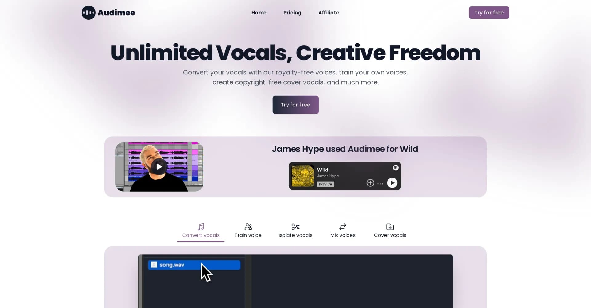 Audimee homepage screenshot — Convert vocals with royalty-free voices.