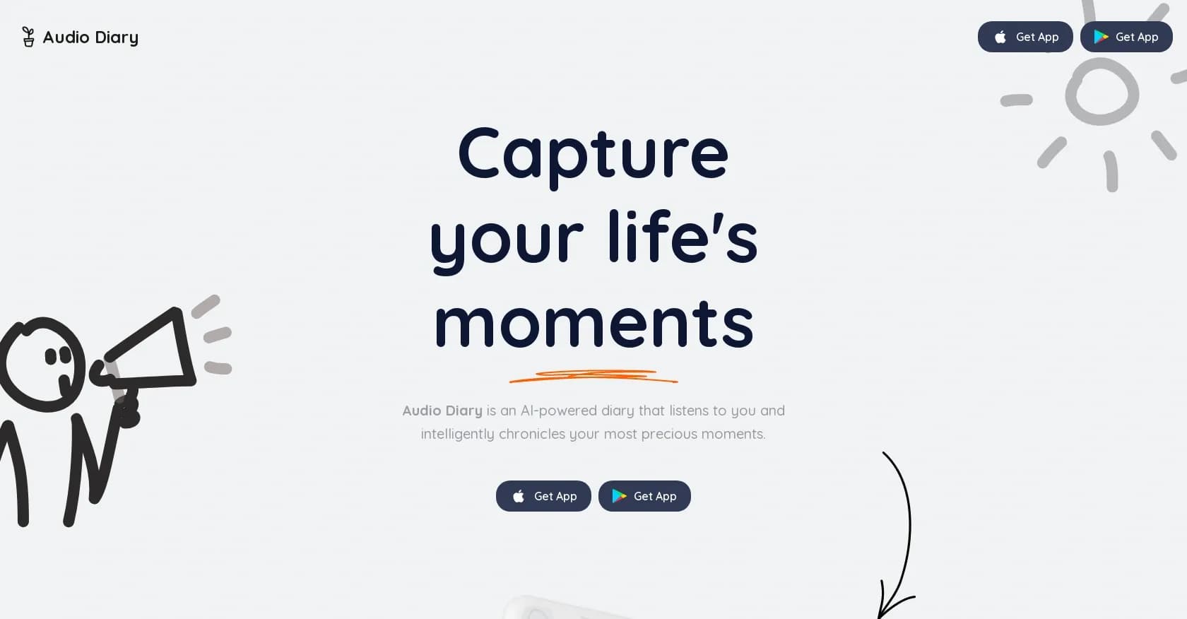 Audio Diary homepage screenshot — AI-powered diary that listens and chronicles your life.