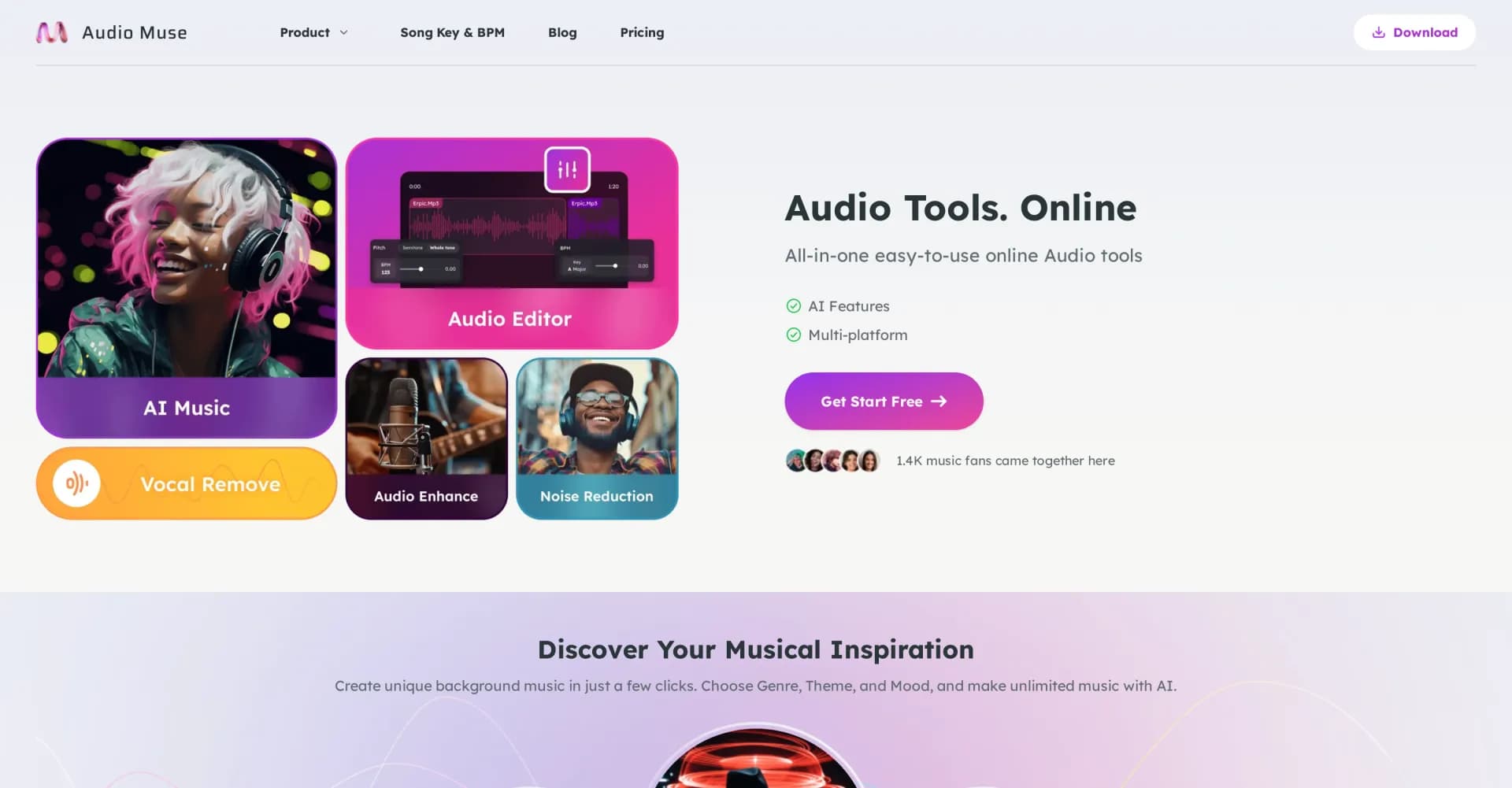 Audio Muse homepage screenshot — All-in-one online audio tools for creators