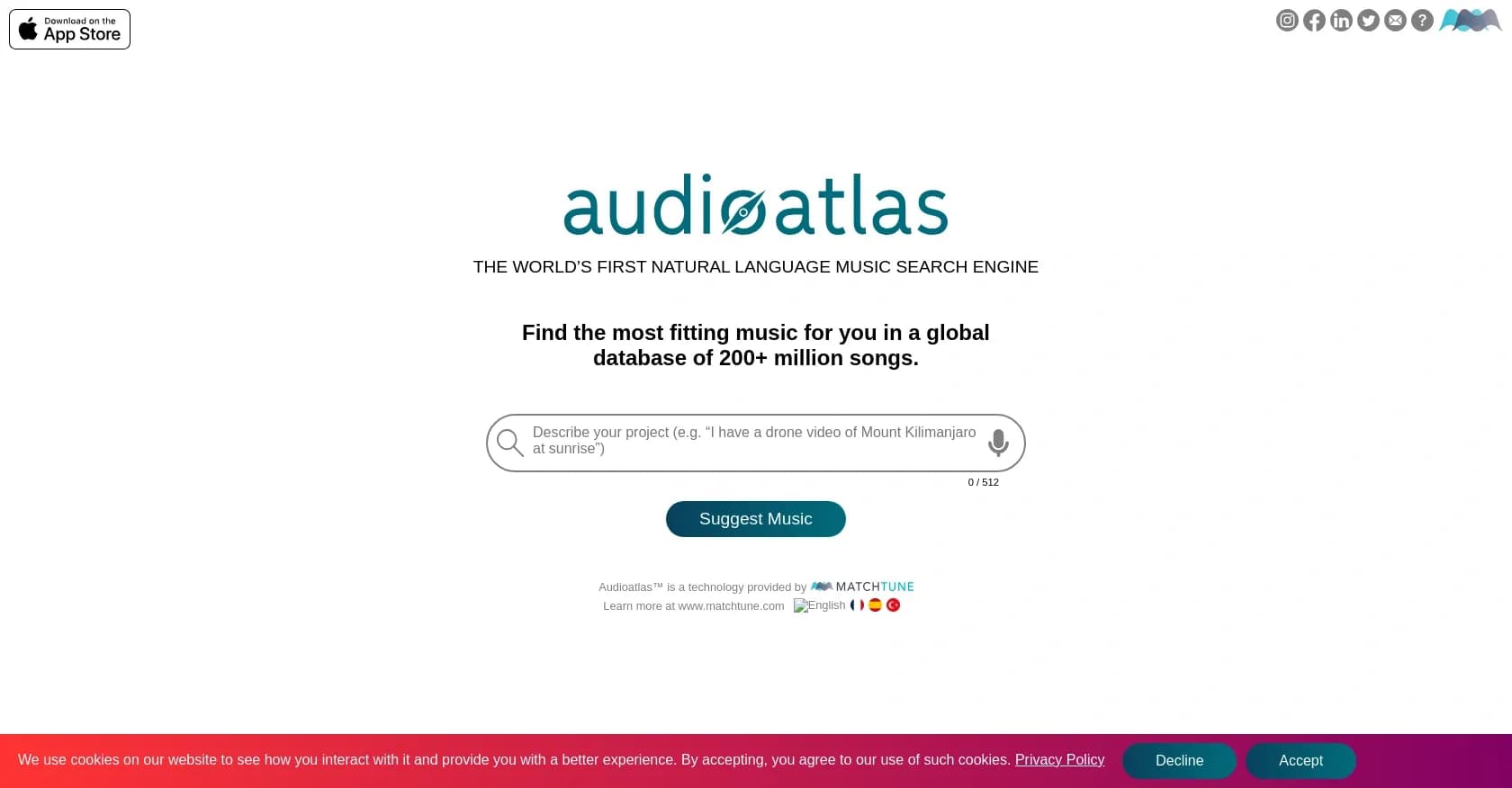 Audioatlas homepage screenshot — Find perfect music using AI-powered search.