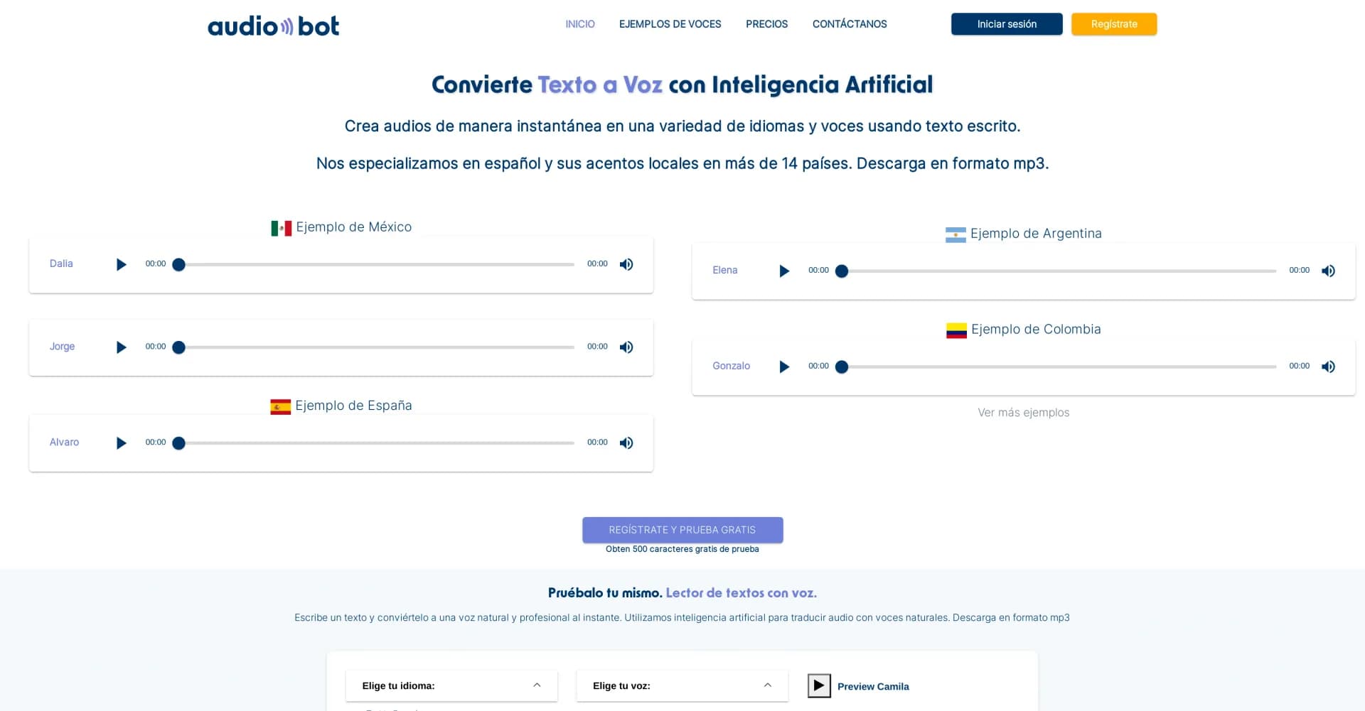 AudioBot homepage screenshot — Convert text to realistic AI voice in multiple languages.