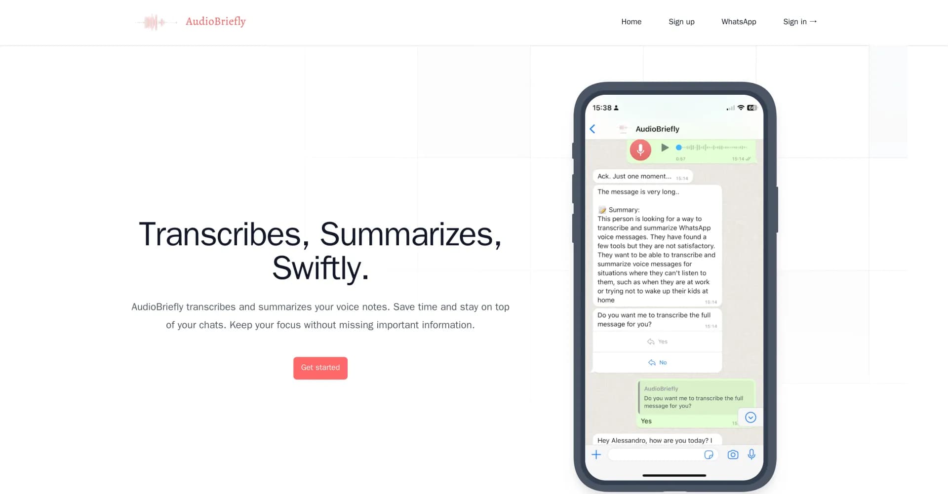 AudioBriefly homepage screenshot — Transcribe and summarize voice notes swiftly.