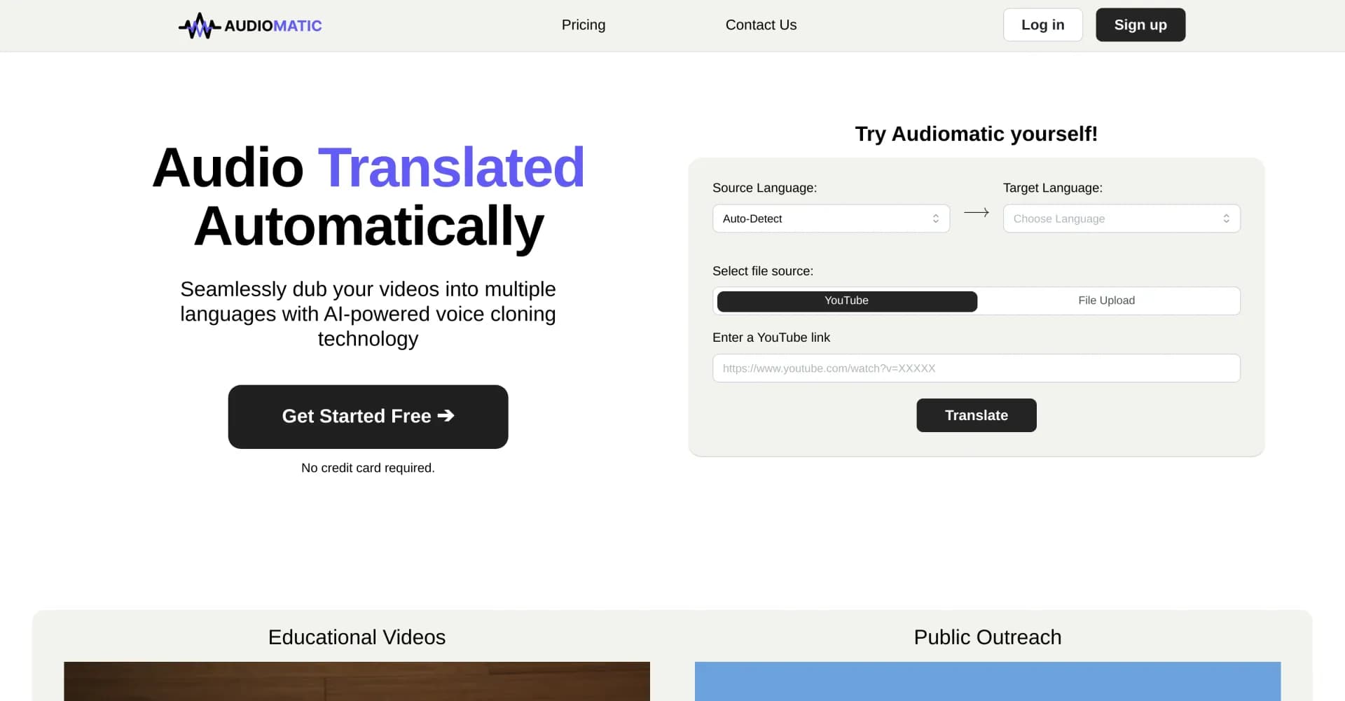 Audiomatic homepage screenshot — Dub videos into multiple languages with AI voice cloning