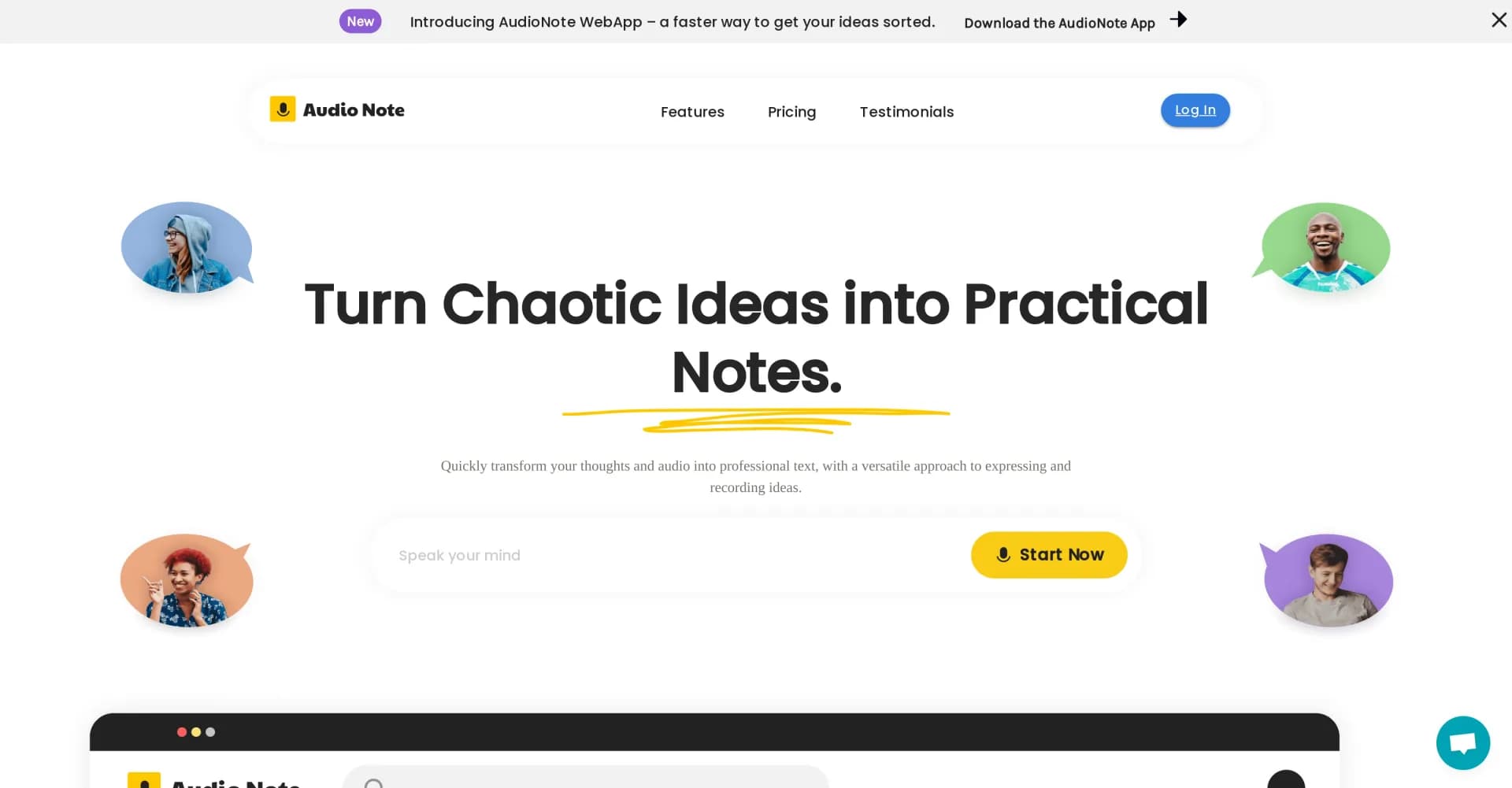 AudioNotesAI homepage screenshot — Transform speech into polished, versatile text.