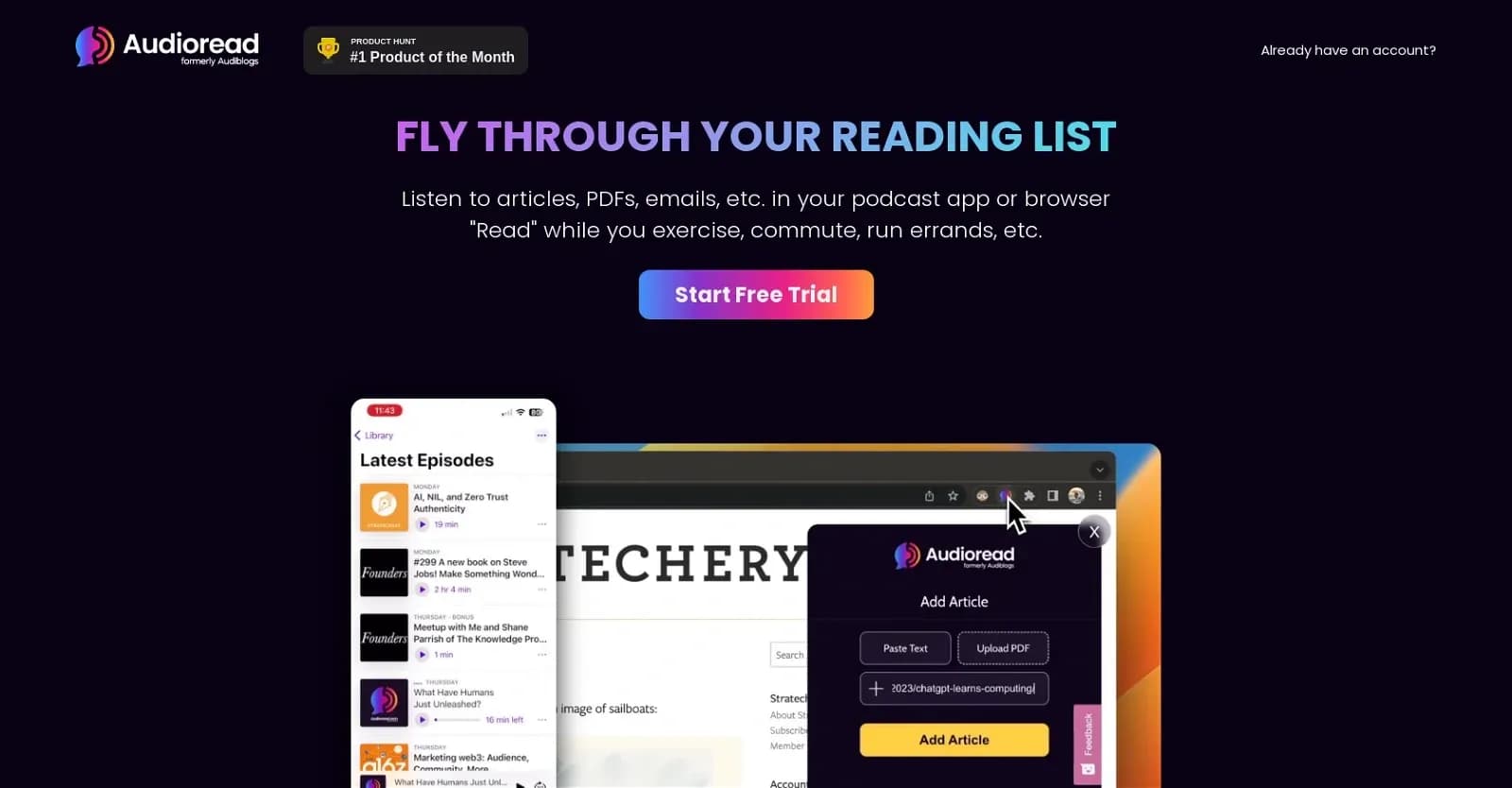 Audioread.com homepage screenshot — Listen to any text in your podcast app or browser.