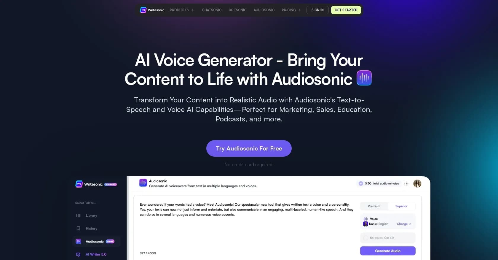 Audiosonic homepage screenshot — Transform content into realistic audio with AI