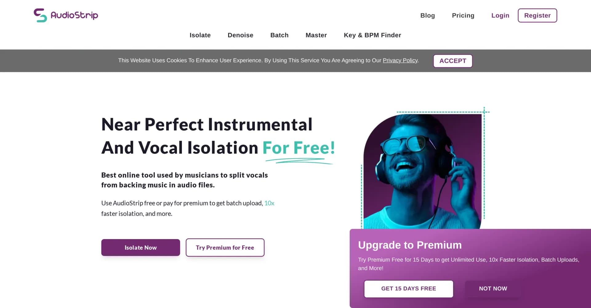 Audiostrip homepage screenshot — Remove or isolate vocals from any song instantly
