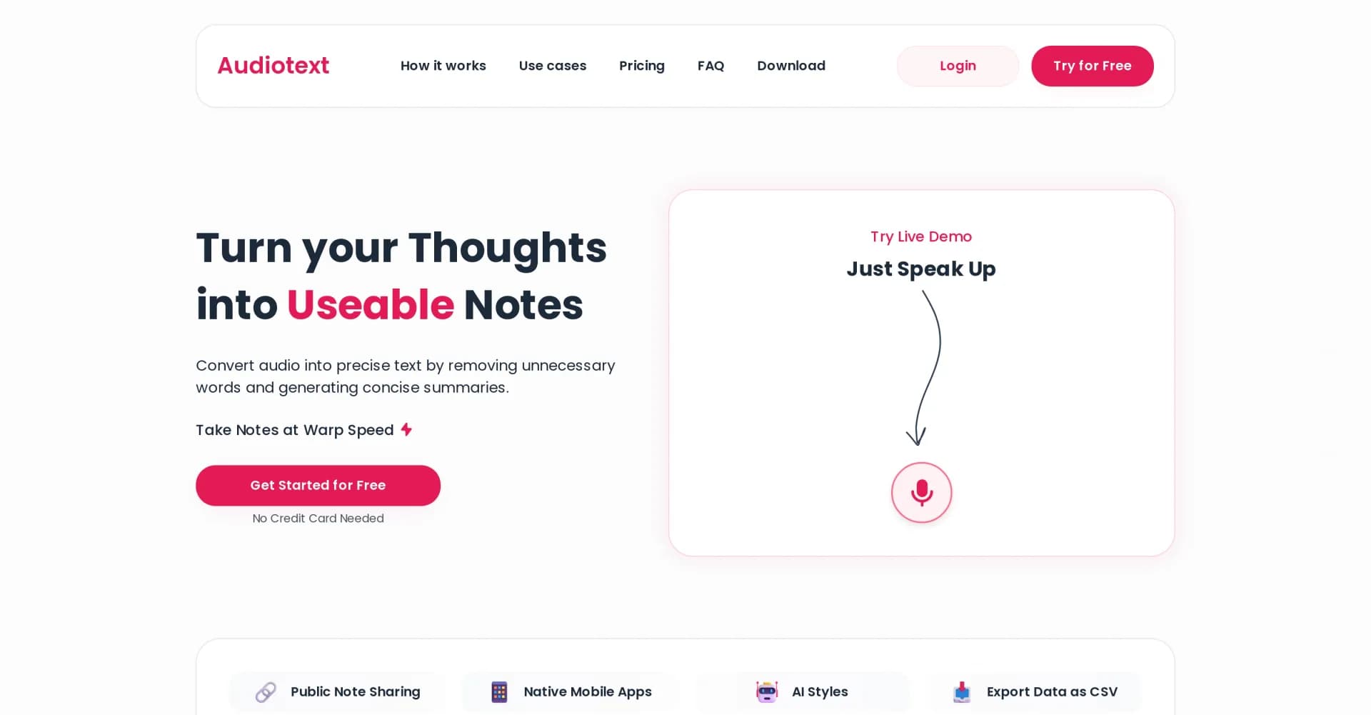 Audiotext Ai homepage screenshot — Turn spoken thoughts into usable notes instantly
