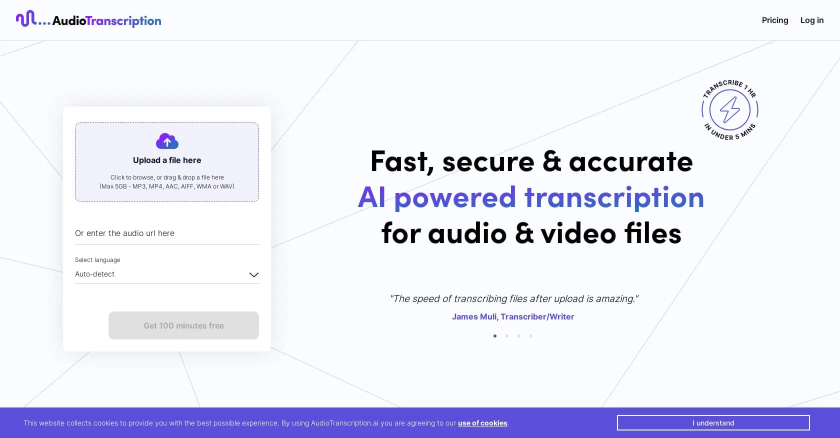 AudioTranscription homepage screenshot — Fast, secure & accurate AI transcription for audio and video