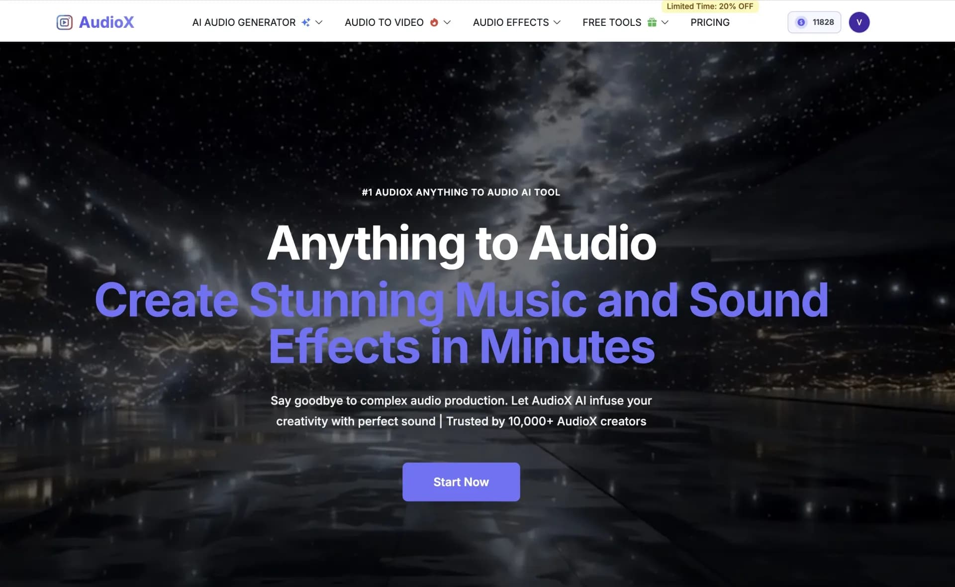 AudioX homepage screenshot — Anything to Audio - Create Stunning Music and Sound Effects 