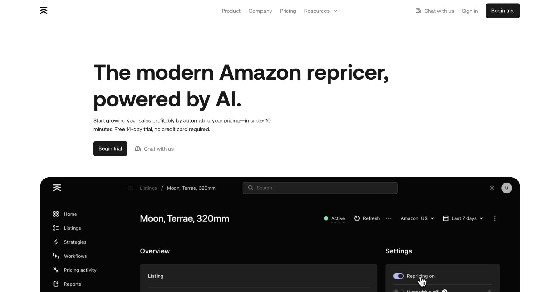 Aura homepage screenshot — AI-powered Amazon repricer for profitable sales growth