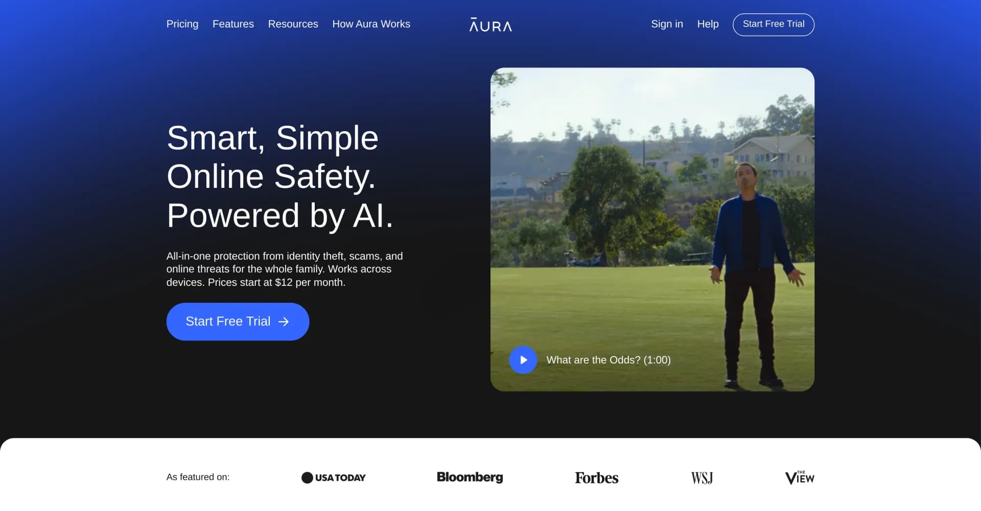Aura.com homepage screenshot — Smart, simple online safety powered by AI.