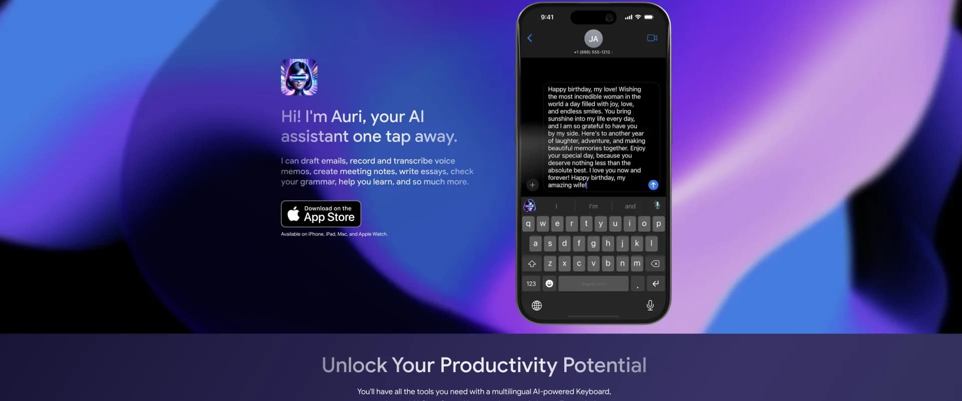 Auri.AI homepage screenshot — Your AI assistant one tap away