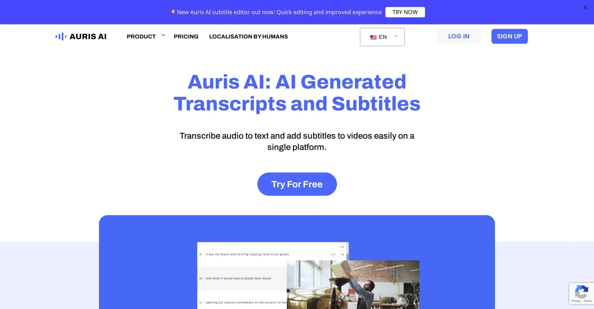 Auris AI homepage screenshot — AI-powered transcription, translation, and subtitling made e