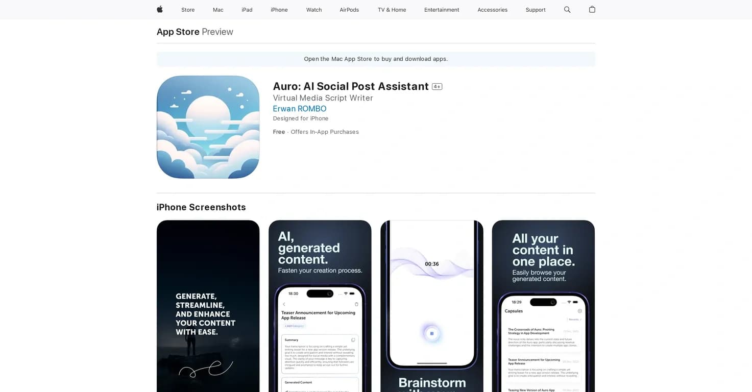 Auro: AI Social Post Assistant homepage screenshot — Auro: Your AI Social Post Assistant.