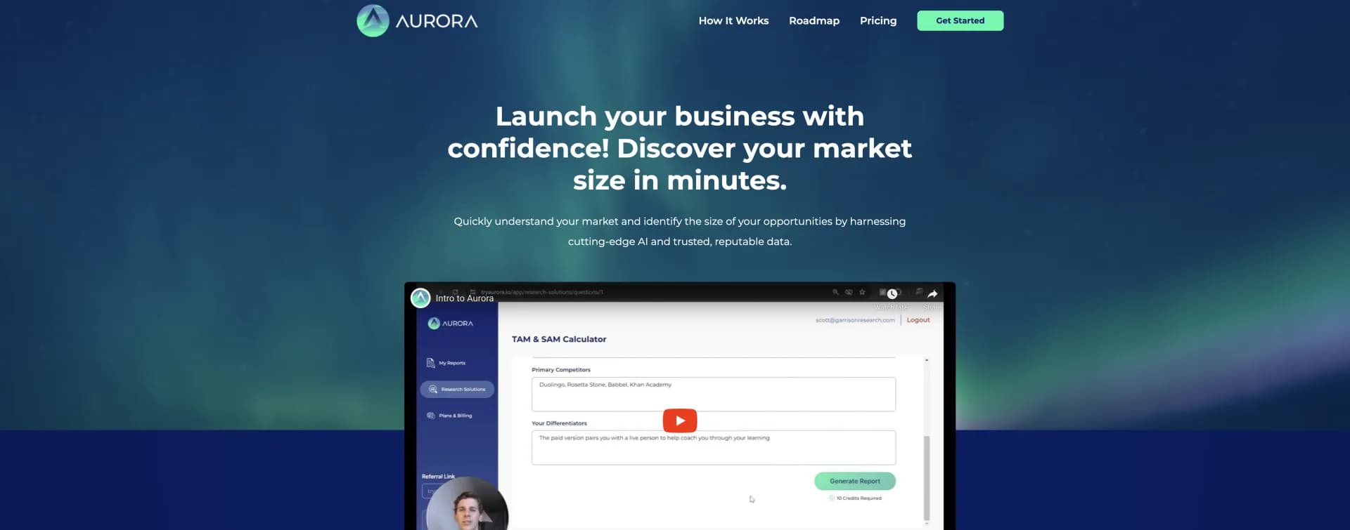 Aurora homepage screenshot — Discover market size in minutes with AI-powered research.