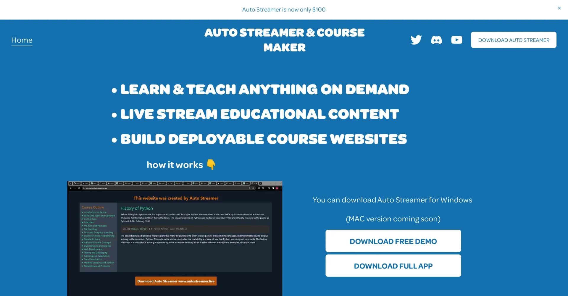 Auto Streamer homepage screenshot — Turn knowledge into live streams and courses instantly.