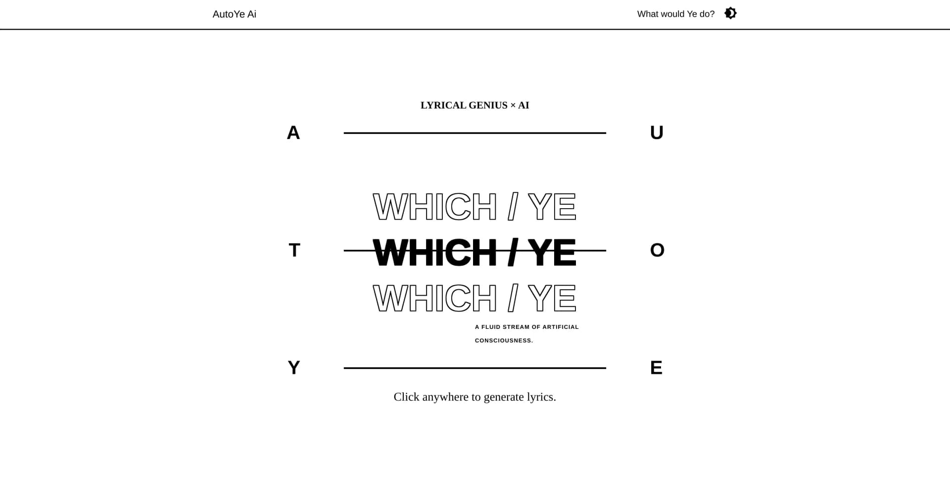Auto Ye AI homepage screenshot — AI-generated lyrics in Kanye West's style.