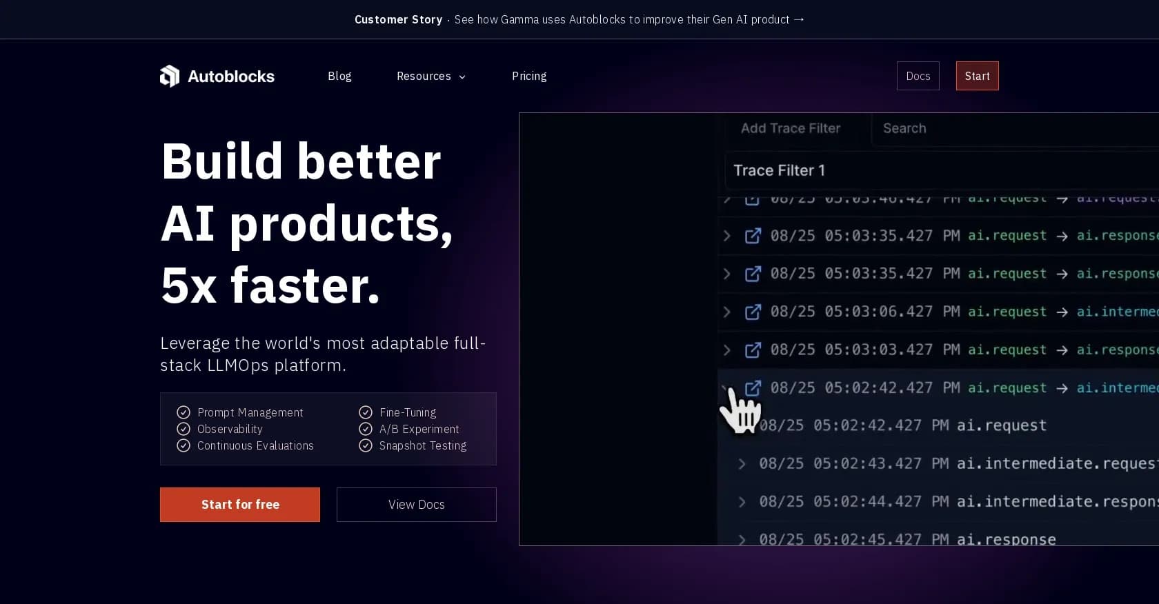 Autoblocks homepage screenshot — Build better AI products, 5x faster.