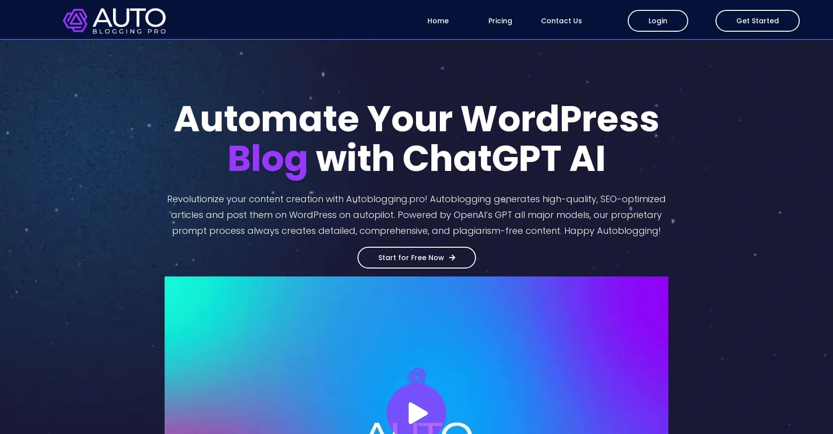 AutoBlogging Pro homepage screenshot — AI-powered autopilot for WordPress blogs