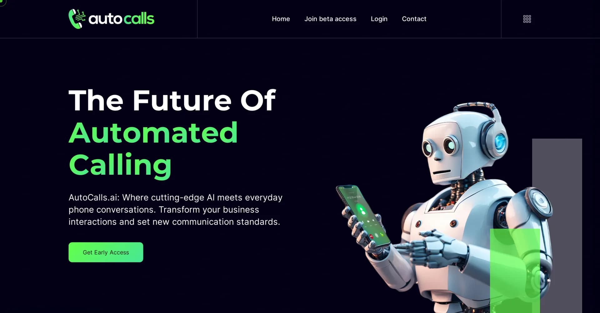 AutoCalls homepage screenshot — AI-powered conversational agents revolutionizing telephony.