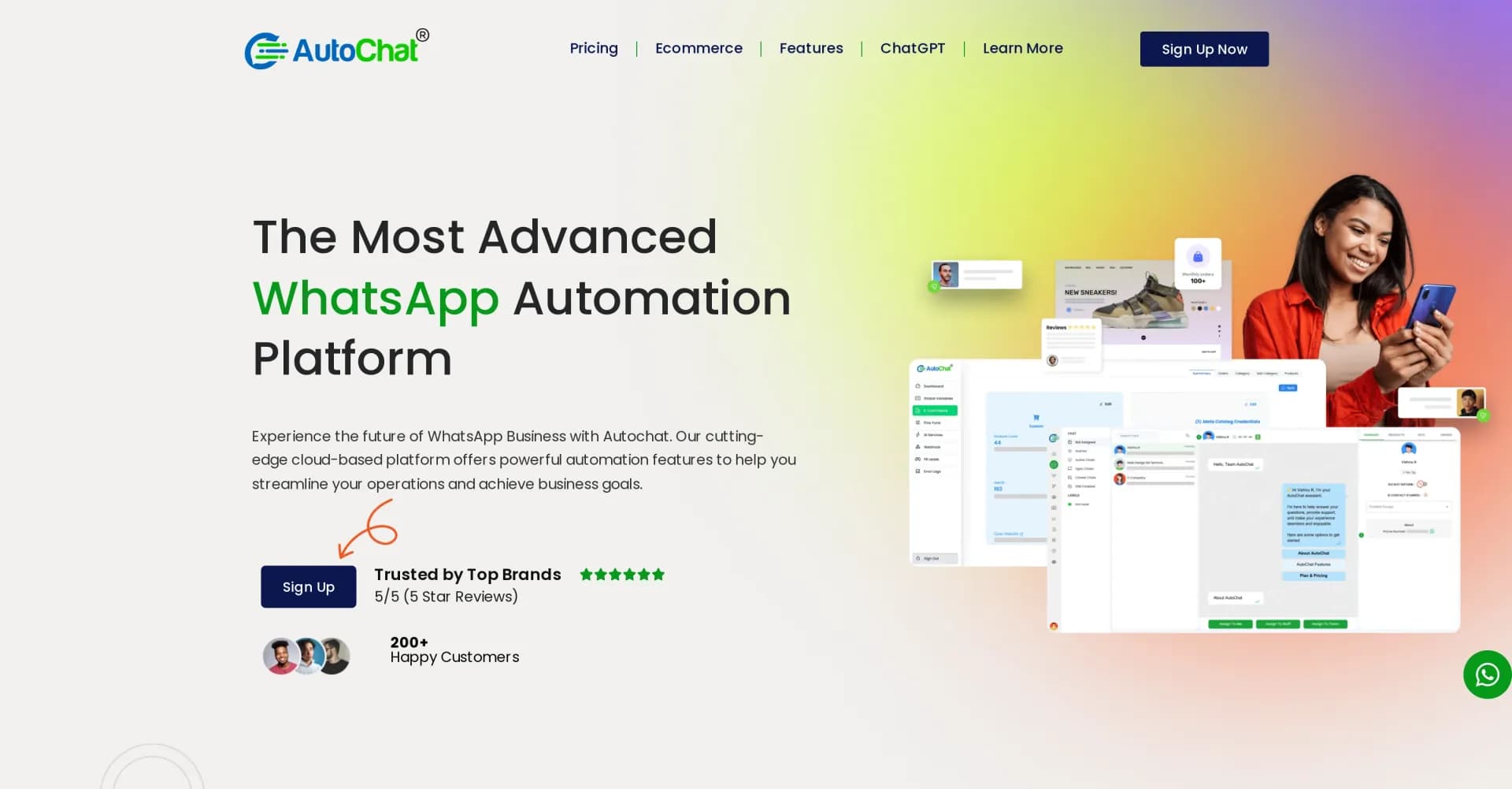 AutoChat homepage screenshot — Supercharge your business with WhatsApp automation