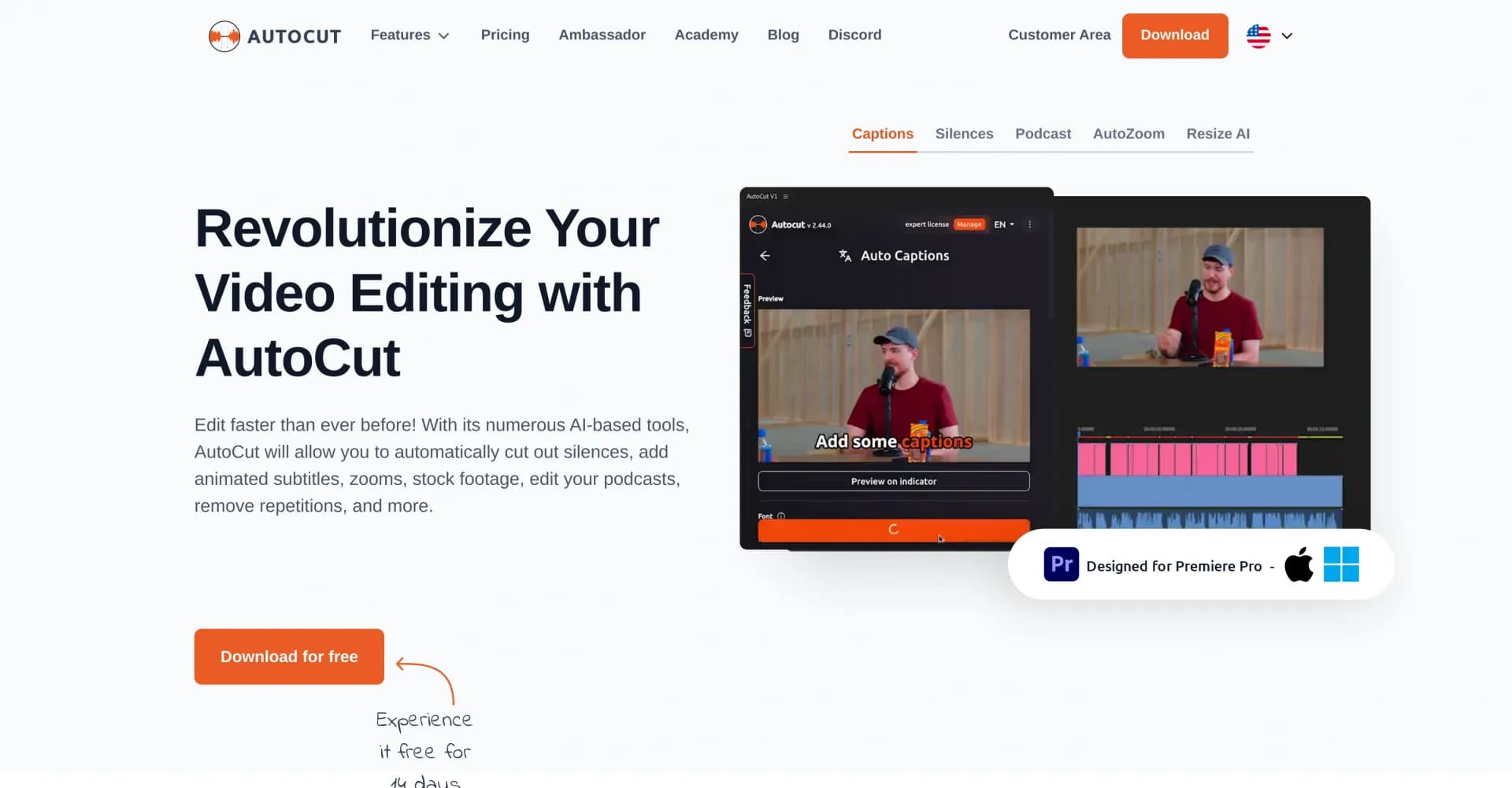 AutoCut homepage screenshot — AI-powered video editing for Premiere Pro.