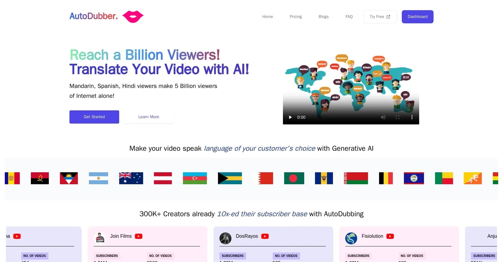 AutoDubber homepage screenshot — Dub videos in multiple languages instantly with AI.