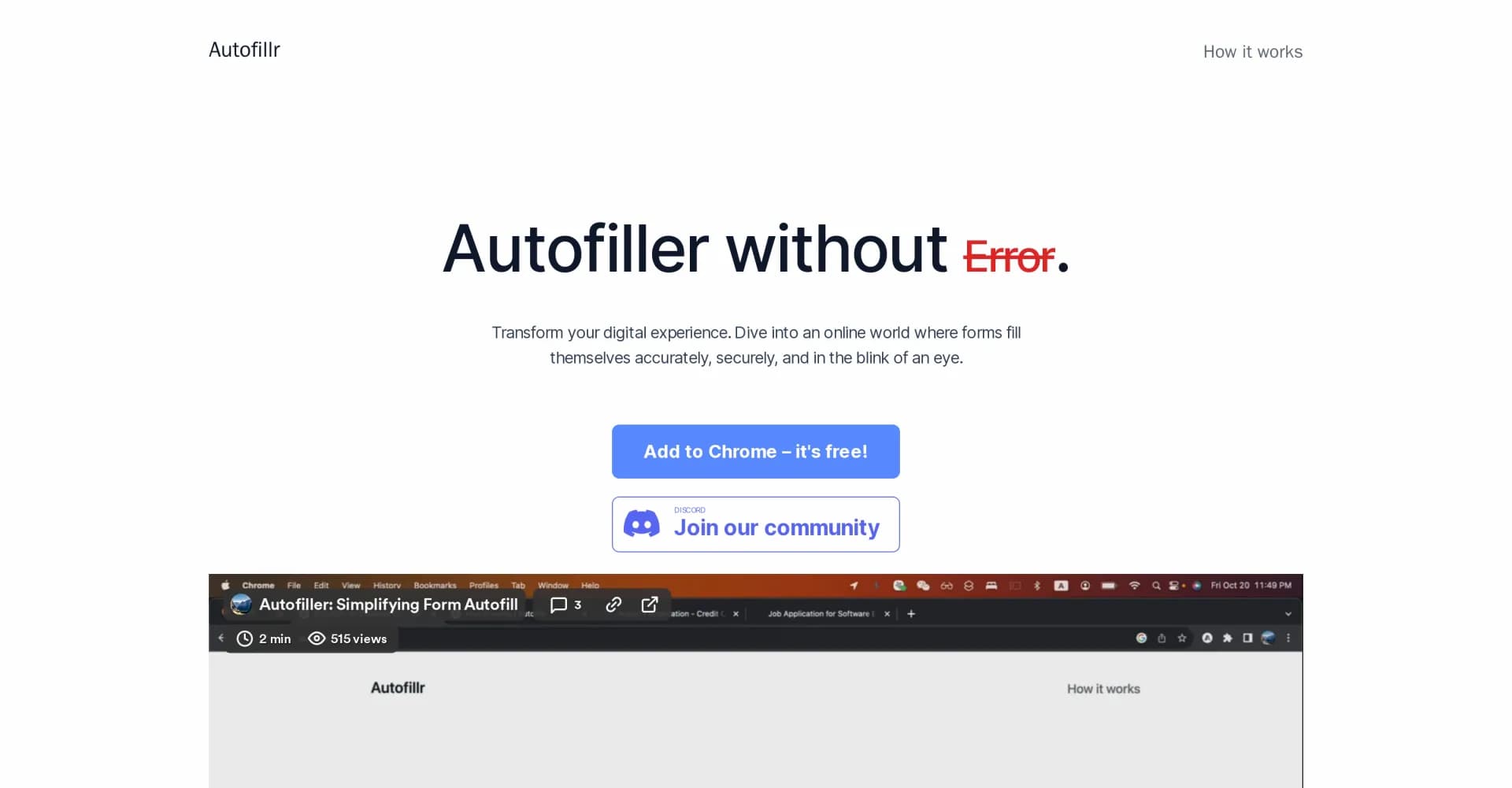 Autofillr homepage screenshot — AI-powered form autofill for flawless, swift entry.