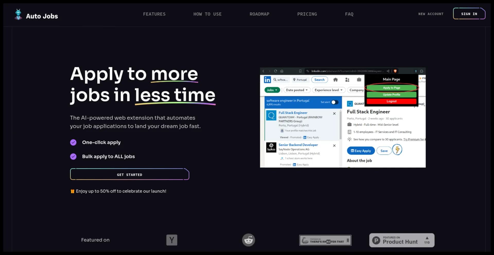 AutoJobs homepage screenshot — Apply to multiple jobs with a single click.