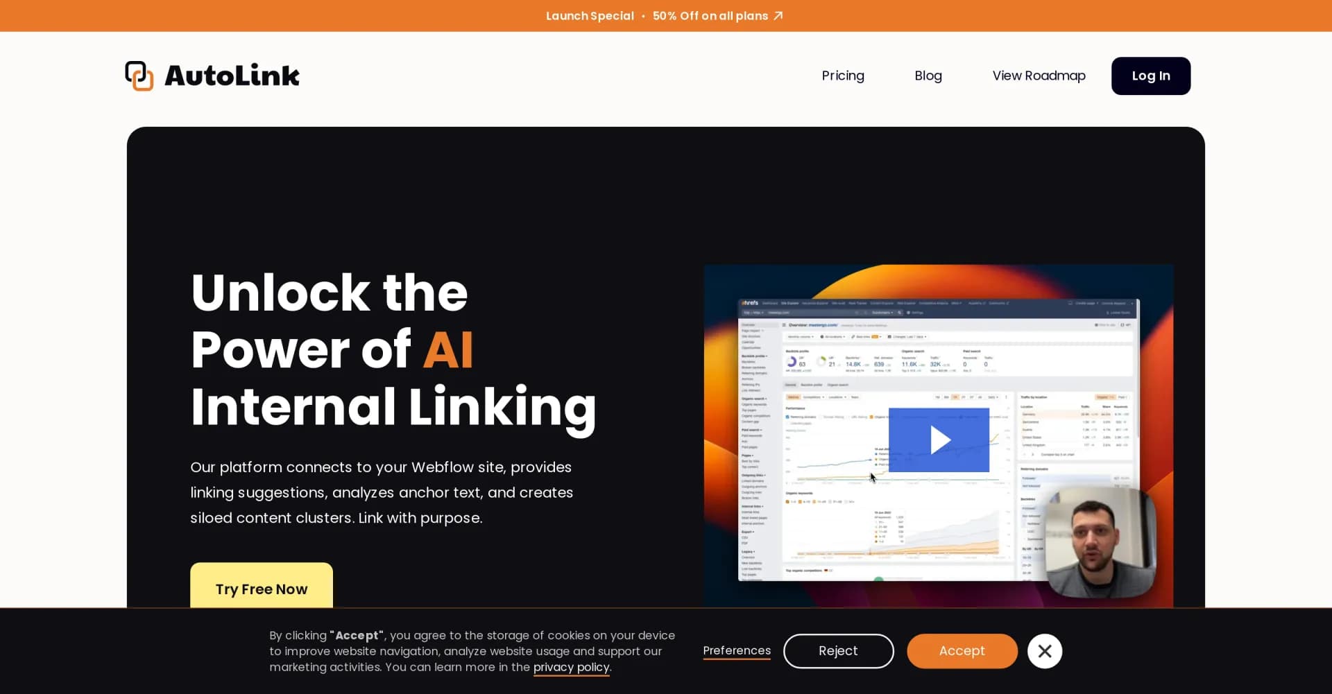 AutoLink AI homepage screenshot — Cut SEO grunt work in half with AI-powered internal linking.