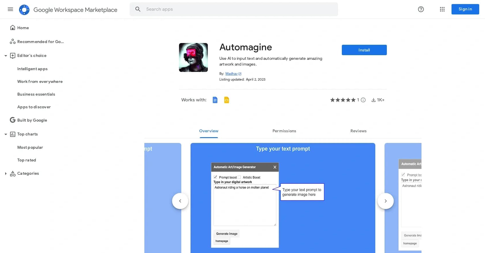 Automagine homepage screenshot — Generate amazing artwork from text using AI.