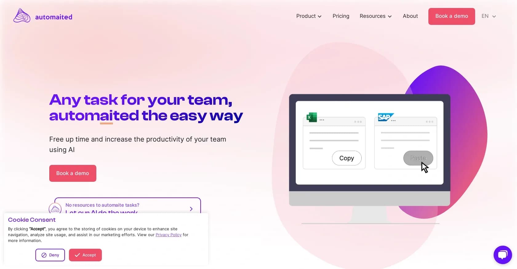 Automaited homepage screenshot — AI-powered automation for any task, no coding needed.