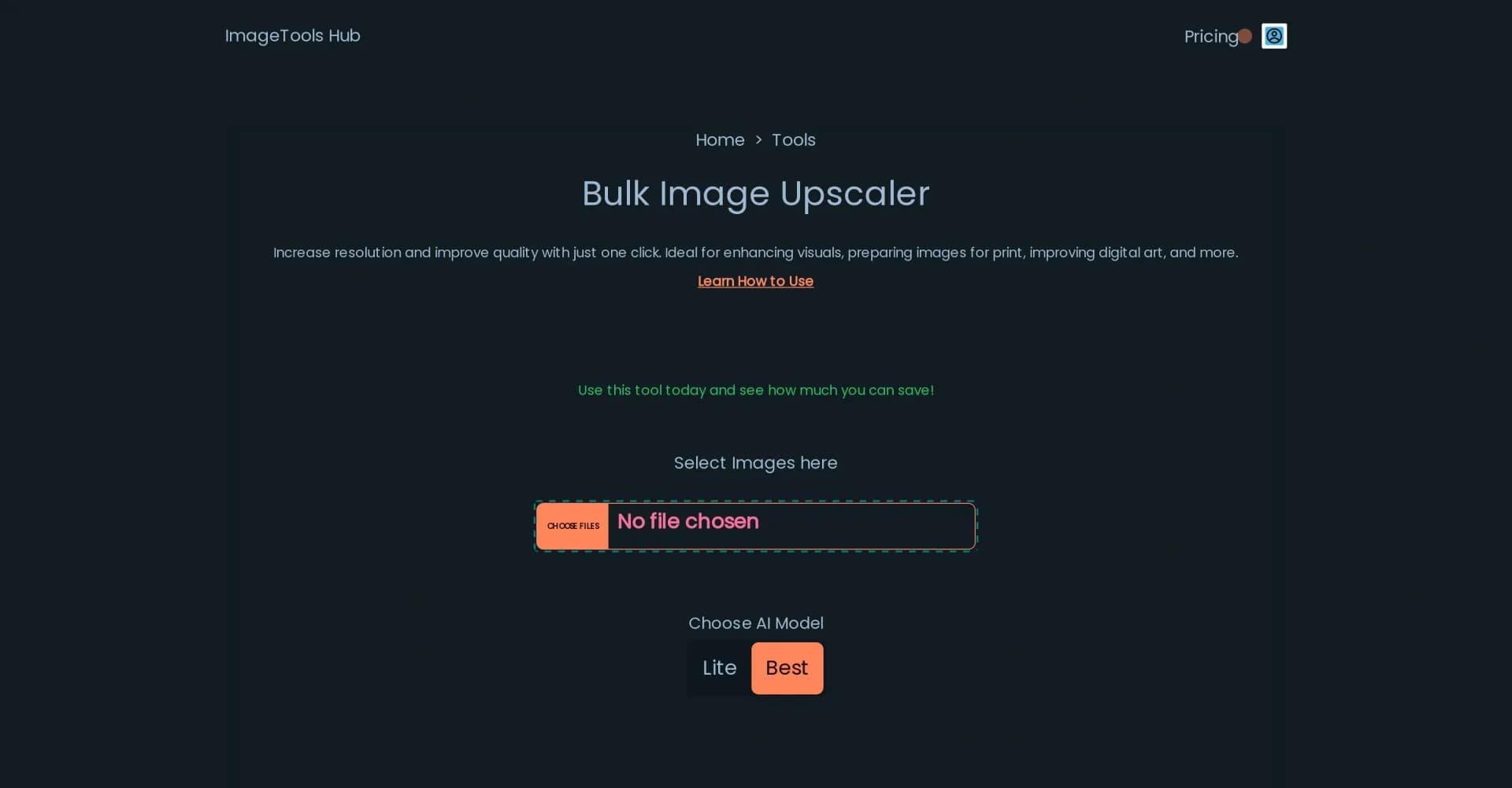 Automated Bulk Image Upscaler homepage screenshot — Upscale multiple images instantly with AI power