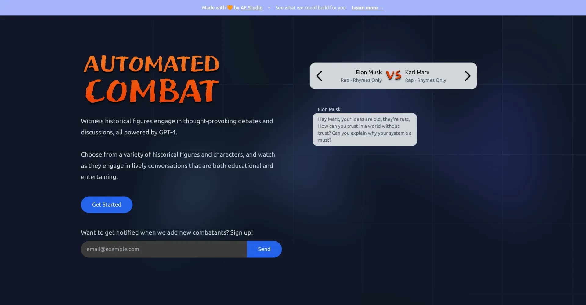 Automated Combat homepage screenshot — AI-powered debates between historical figures.