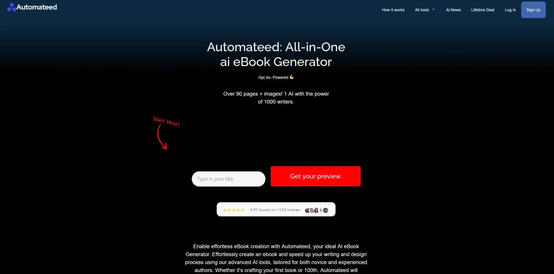 Automateedv3.2 homepage screenshot — Create eBooks effortlessly with Automateed, the AI-powered w