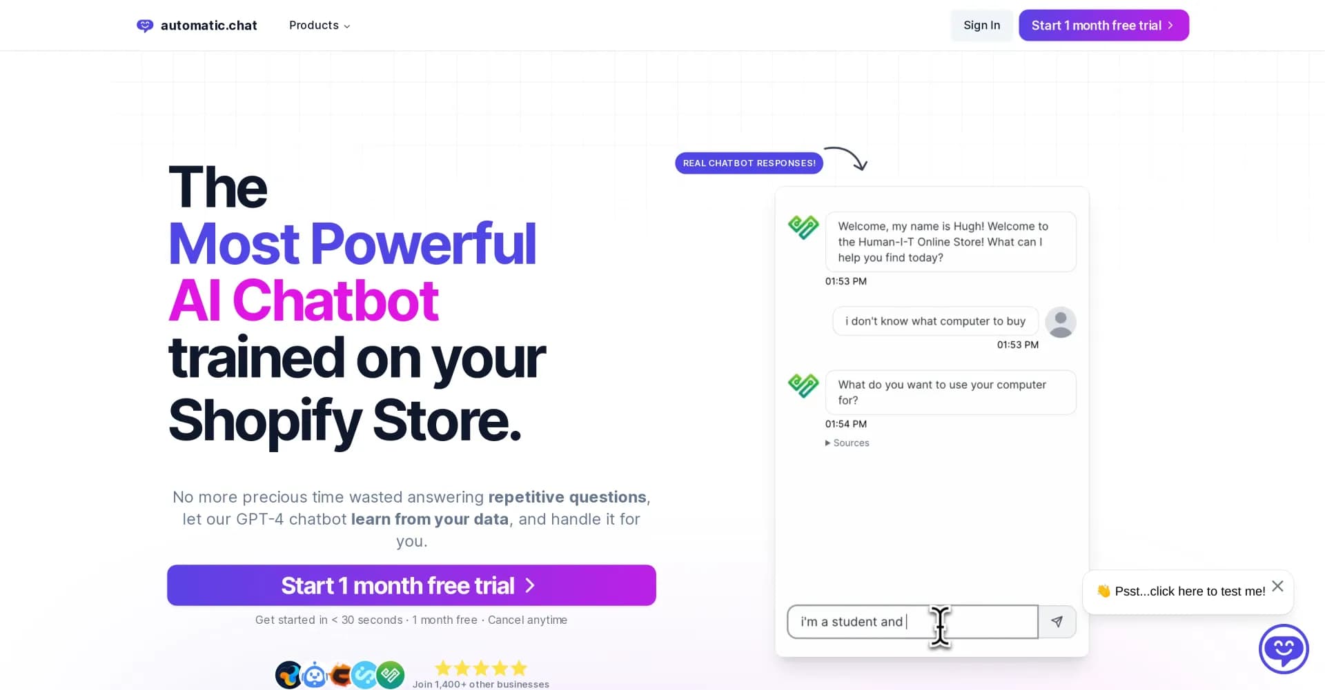 Automatic Chat homepage screenshot — AI chatbot that learns from your website