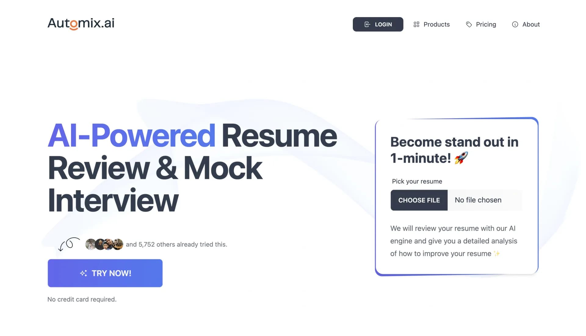 Automix.ai homepage screenshot — AI-Powered Resume Review and Mock Interview