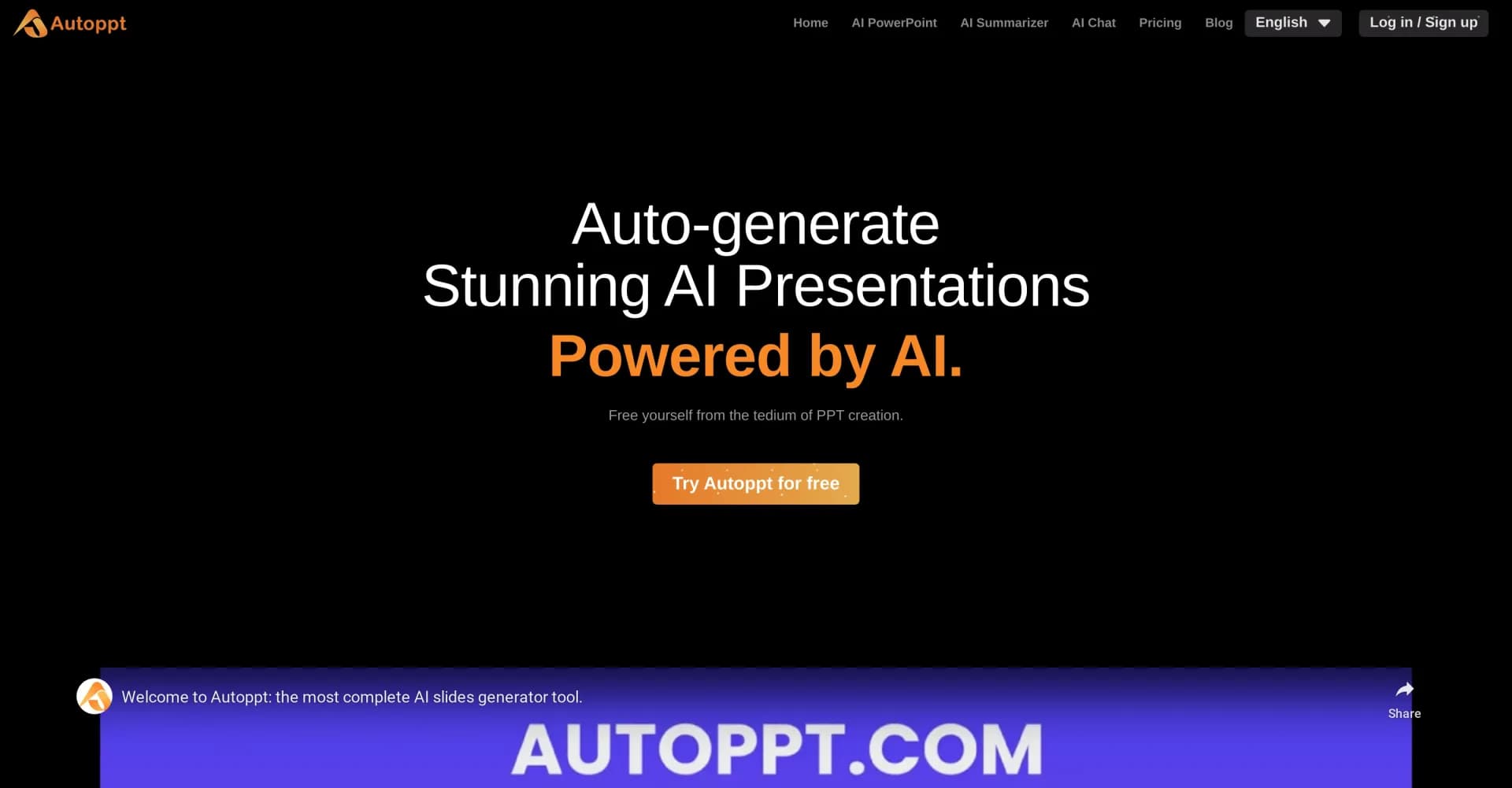 Autoppt homepage screenshot — Create stunning AI presentations and mind maps effortlessly