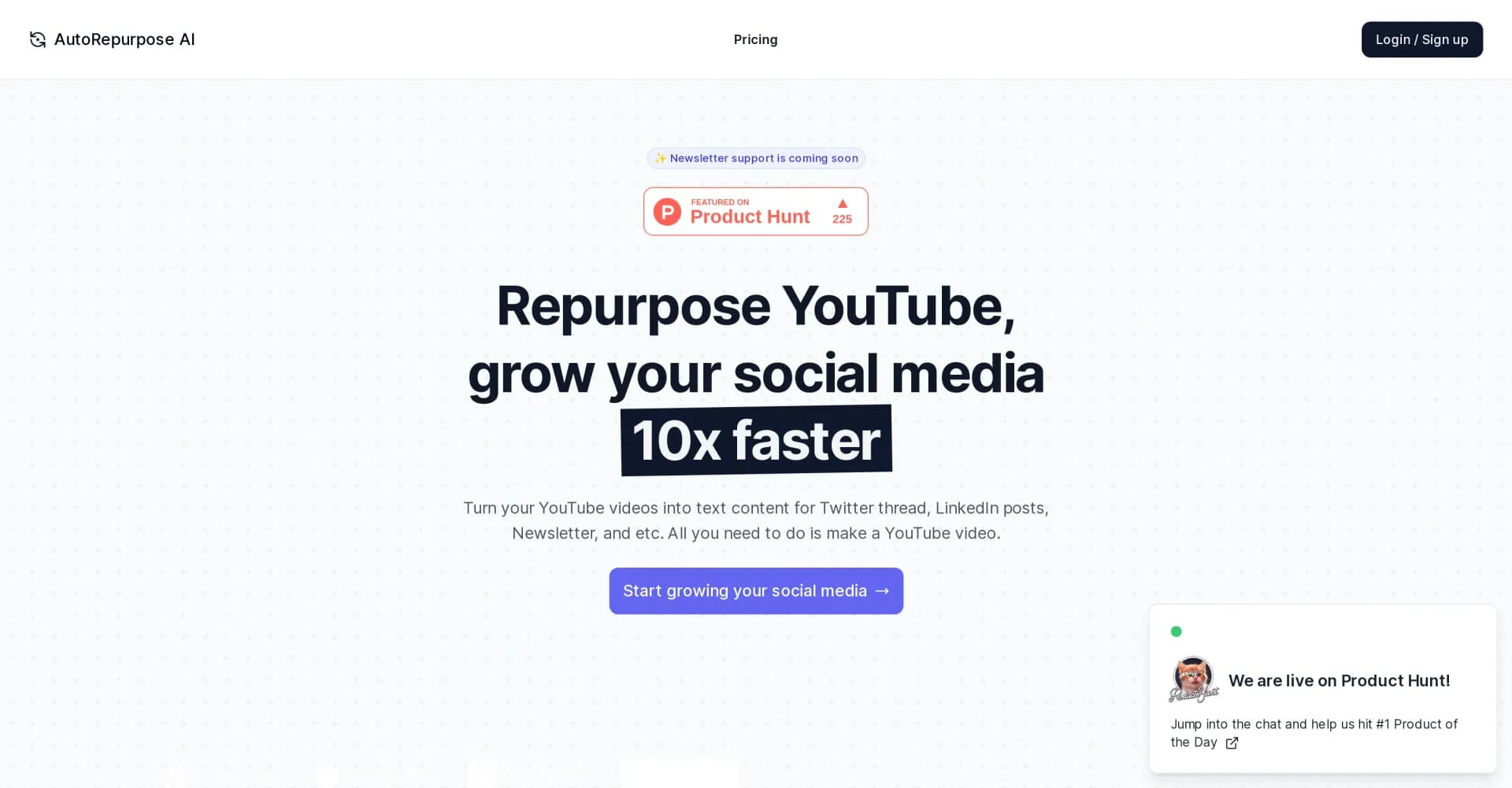 AutoRepurpose AI homepage screenshot — Repurpose YouTube videos as social media content, effortless