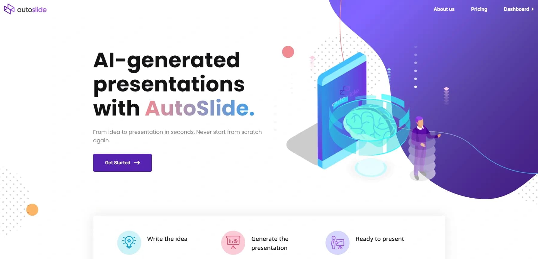AutoSlide homepage screenshot — AI-generated presentations in seconds.