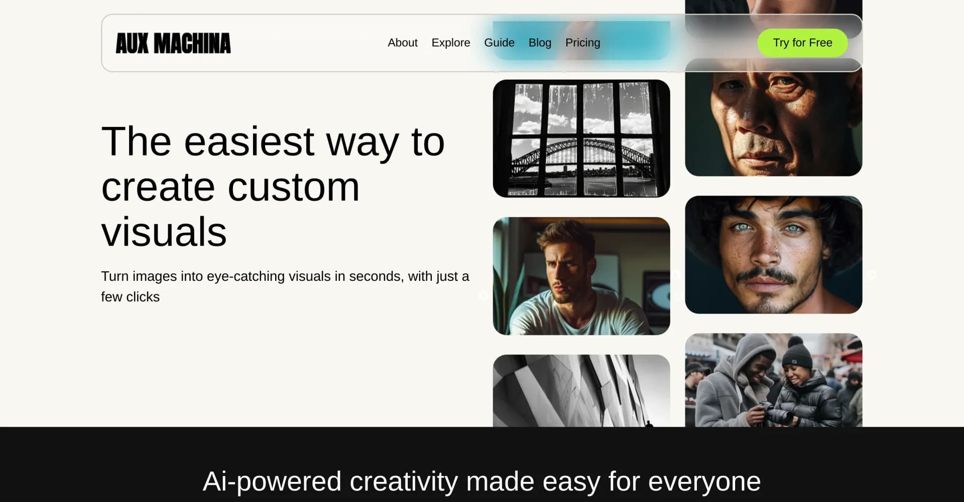 AUX MACHINA homepage screenshot — Create custom visuals in seconds with AI.