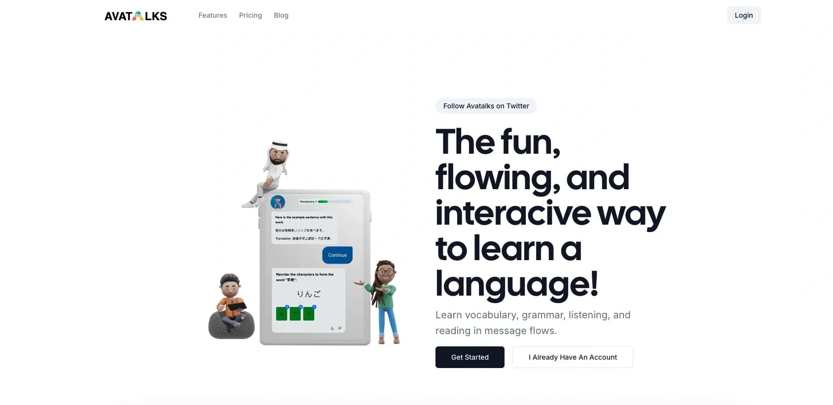 Avatalks homepage screenshot — Chat with 3D avatars to learn languages interactively