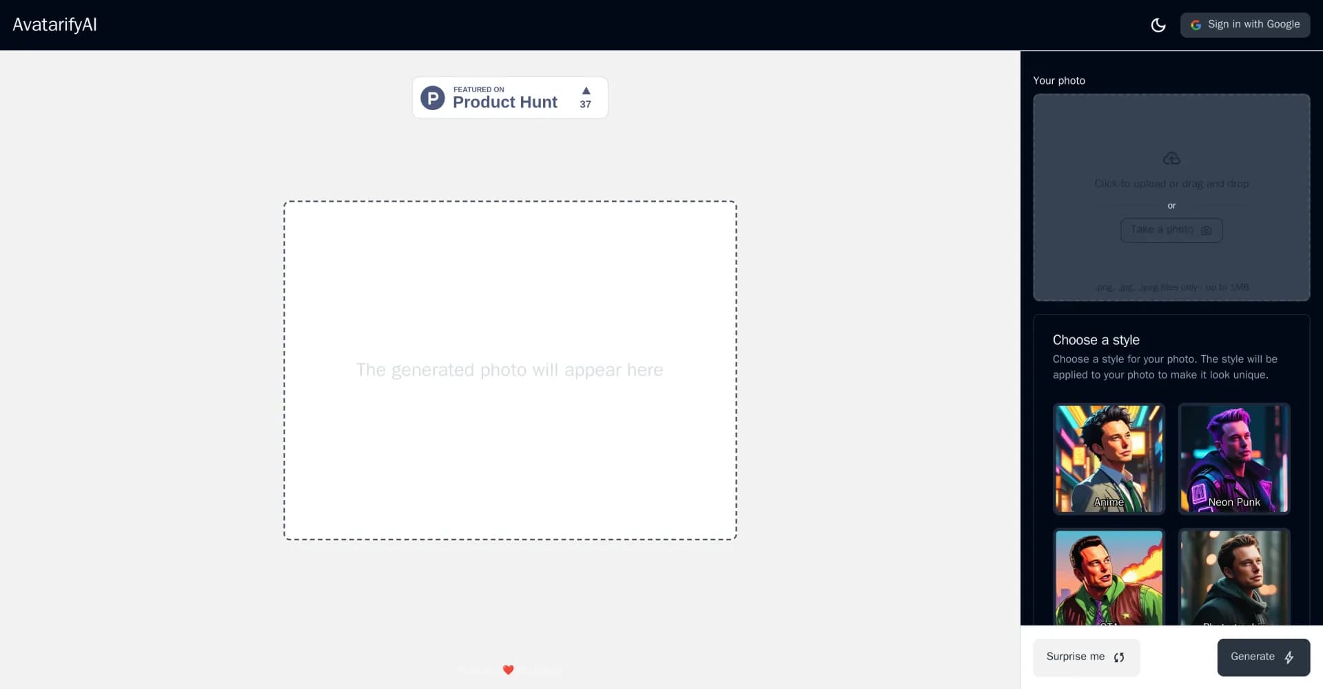 Avatarify AI homepage screenshot — Create personalized avatars with AI.