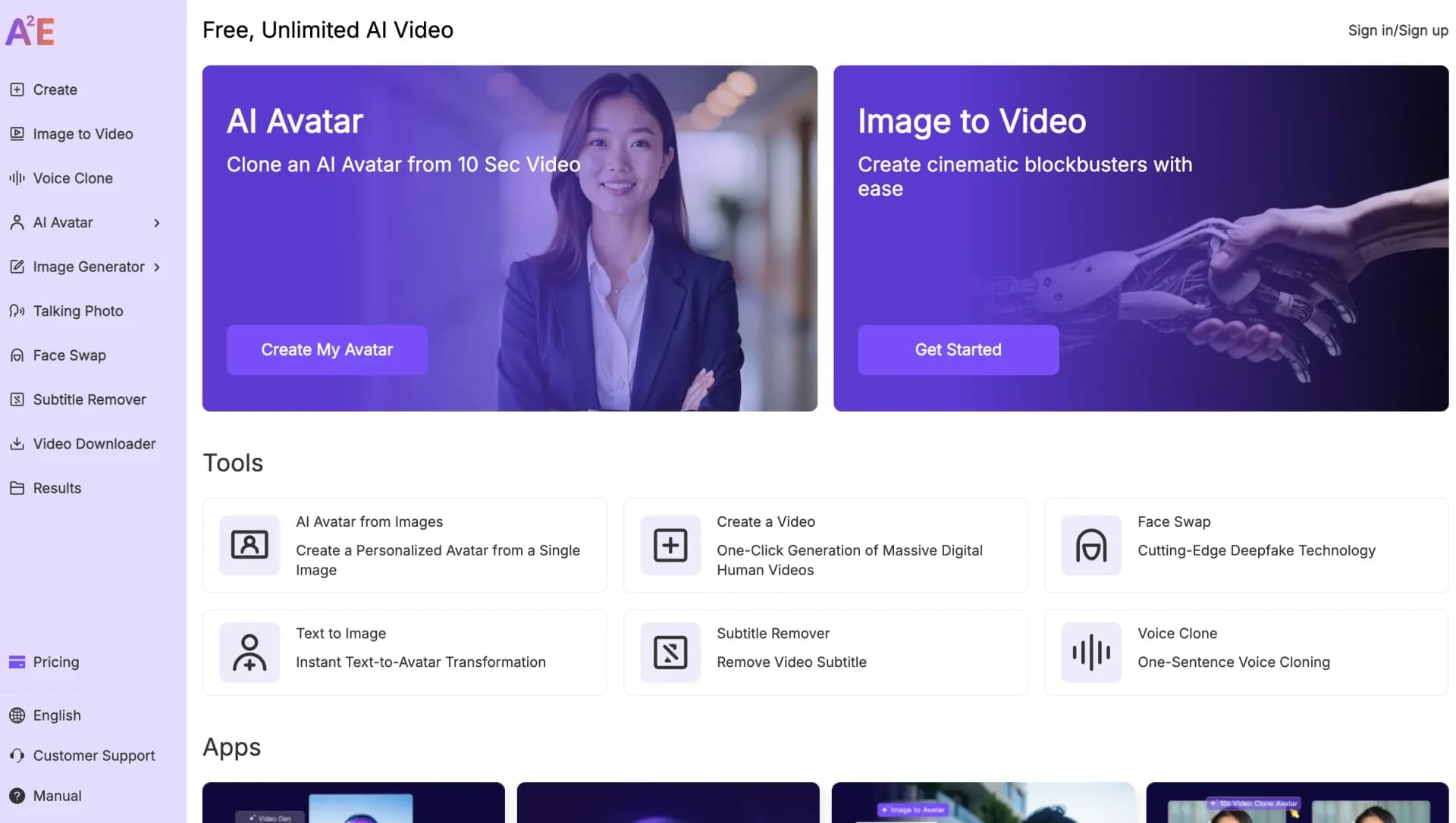 AI To Everyone homepage screenshot — Uncensored and Free Image to Video, Face Swap, and Ai Avatar