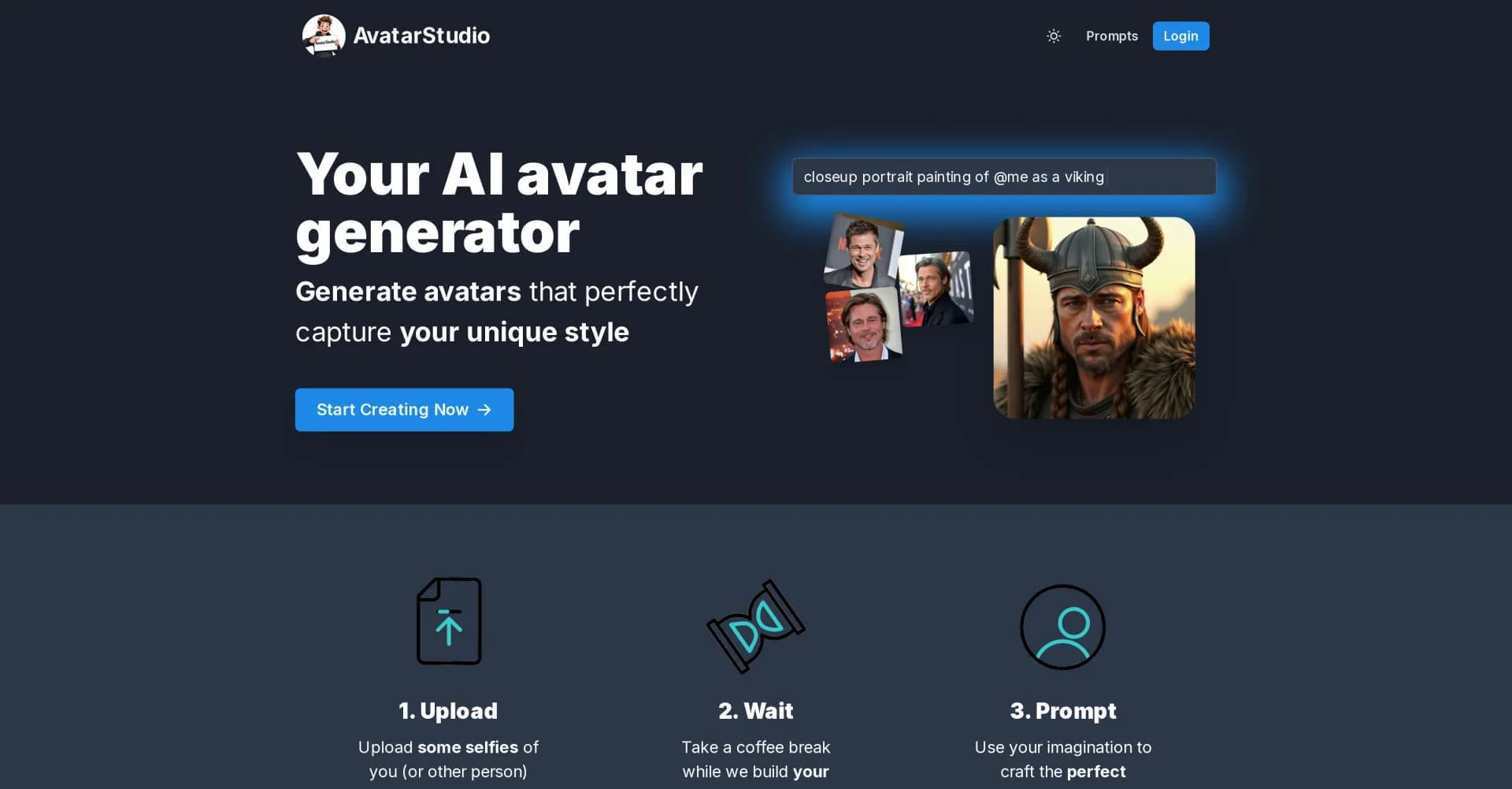 AvatarStudio homepage screenshot — Generate AI avatars that capture your unique style