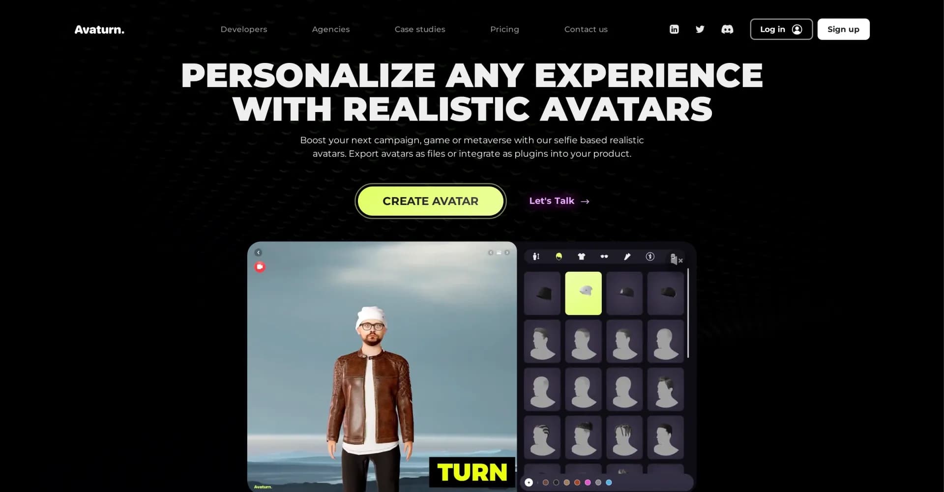 Avaturn homepage screenshot — Create realistic 3D avatars from selfies.