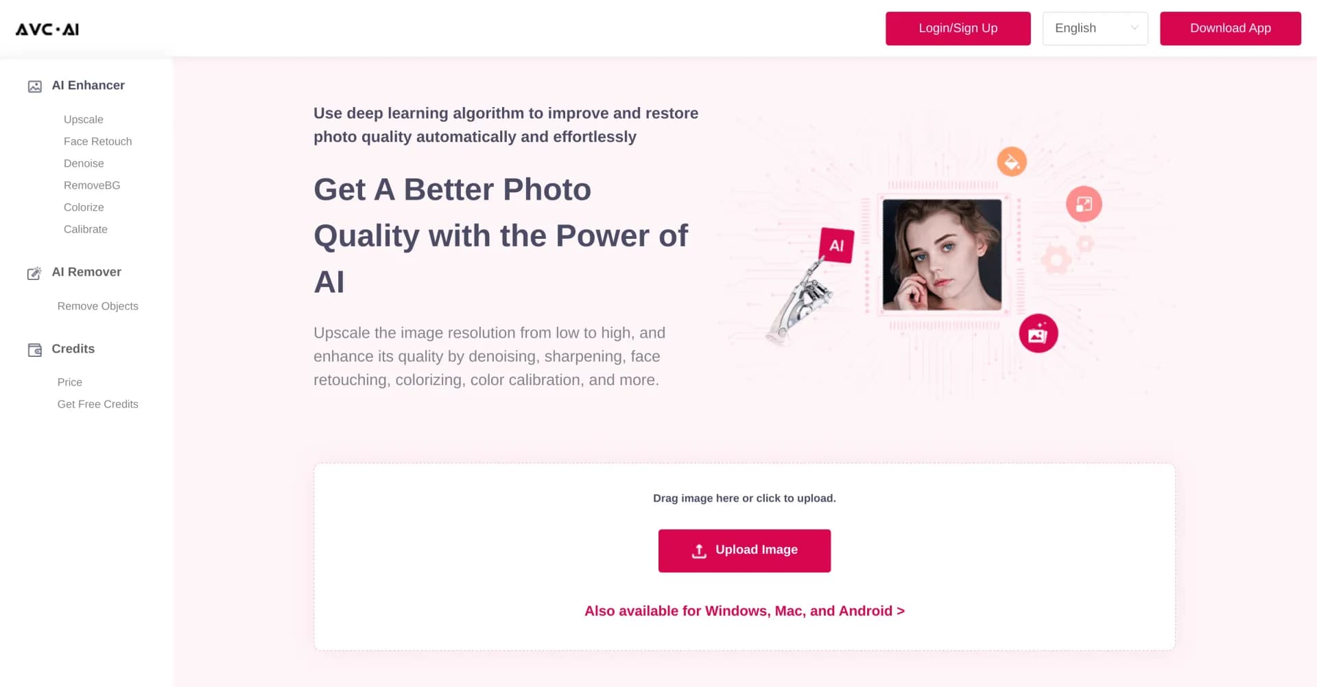 Online AI Image Enhancer homepage screenshot — AI-powered photo enhancement for stunning results.