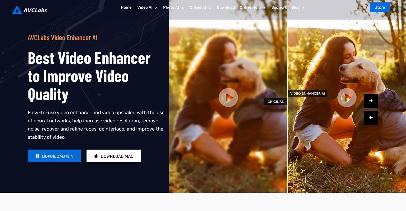 AVCLabs homepage screenshot — Enhance videos and photos with AI-powered tools.